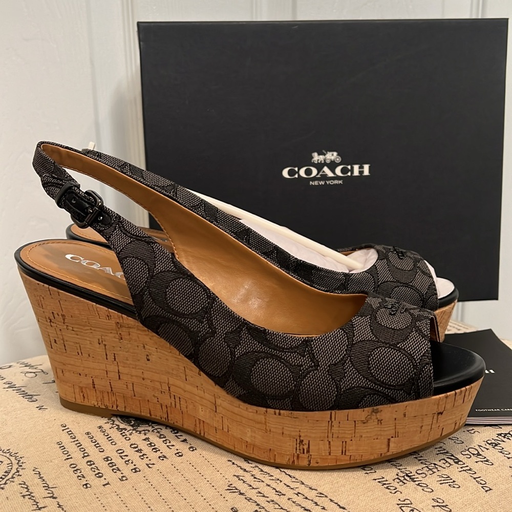 COACH Ferry Signature C Wedge Cork Heel. Jacquard Fabric.  Size 9.5 Black-Smoke